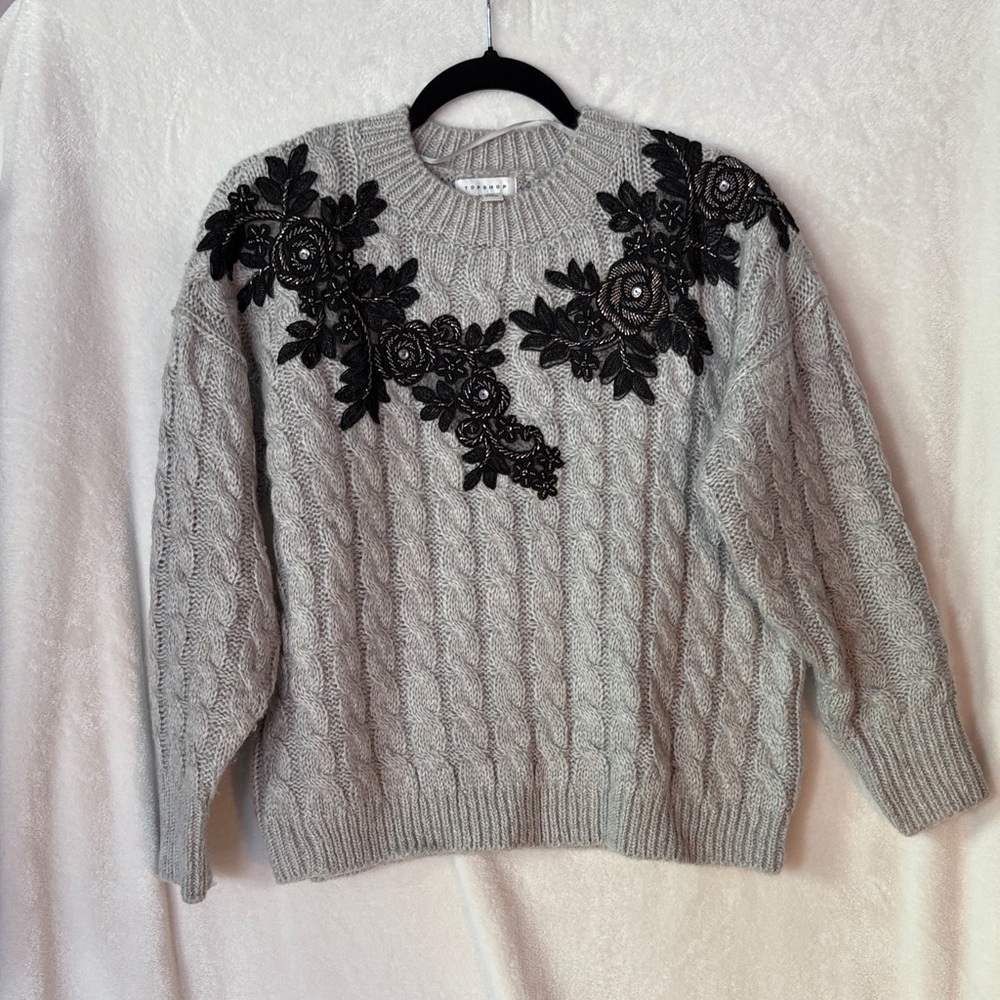 Topshop Gray Sweater with Black Floral Embroidery